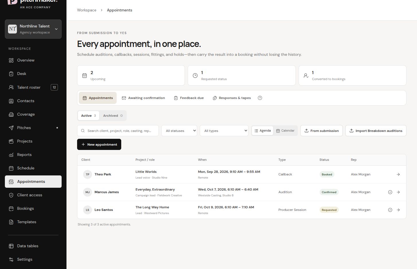 Pitchmaker appointments using fictional Northline Talent demo data