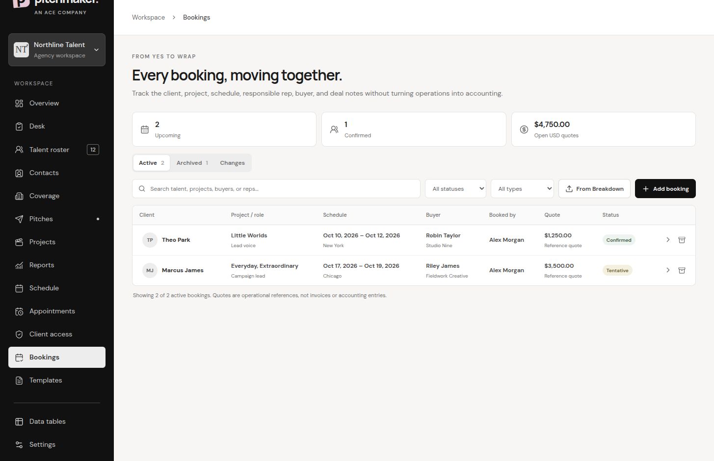 Pitchmaker booking records using fictional Northline Talent demo data