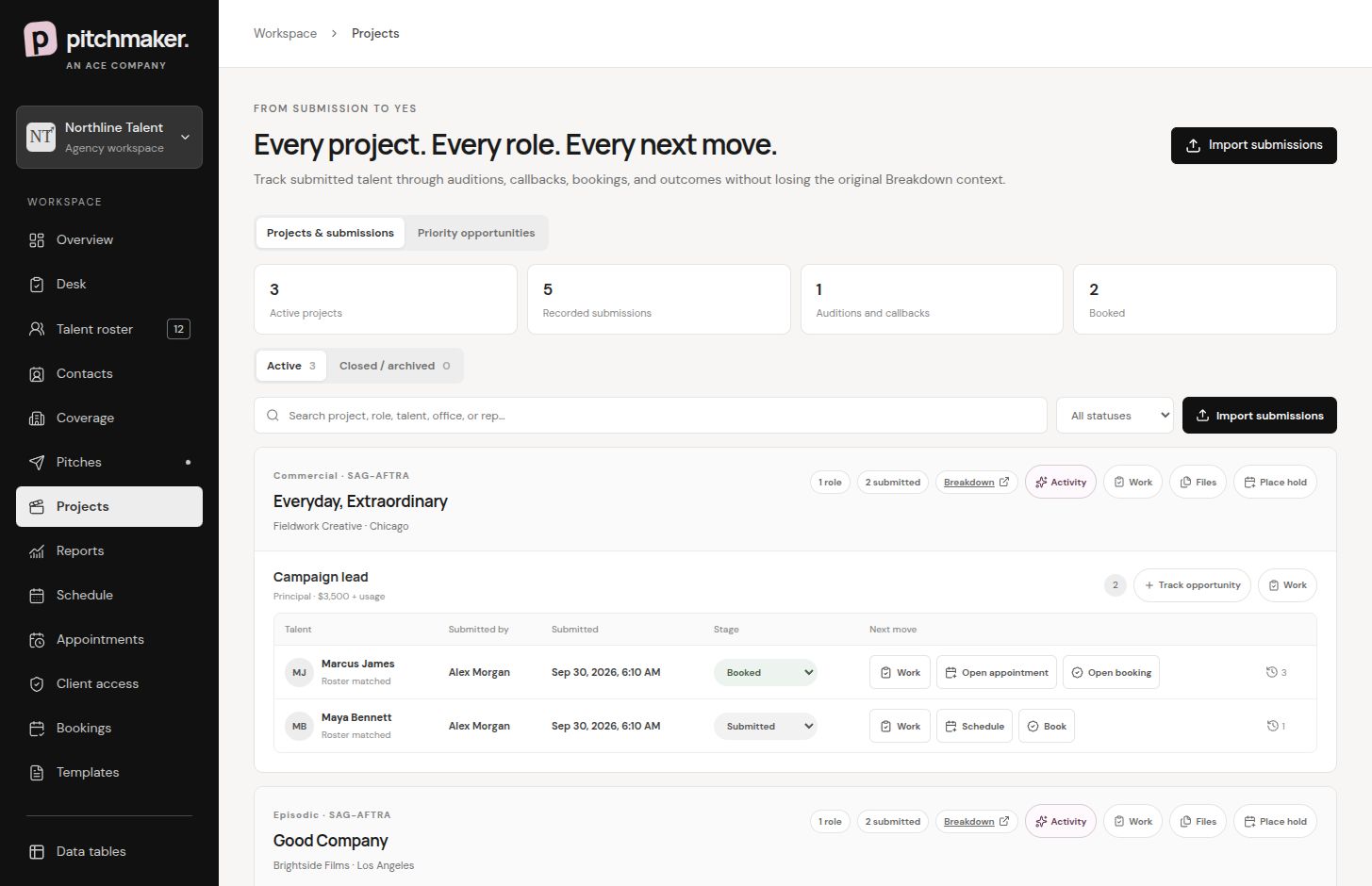 Pitchmaker projects & character breakdowns using fictional Northline Talent demo data